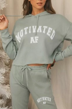 MSLOLA Sweaters Motivated AF Cropped Varsity Hoodie - Sage