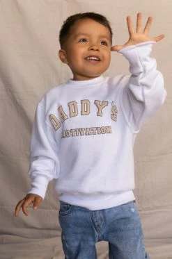 LOLAKID Daddy's Motivation Varsity Kids Crewneck Sweatshirt - White