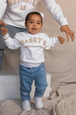 LOLAKID Daddy's Motivation Varsity Kids Crewneck Sweatshirt - White