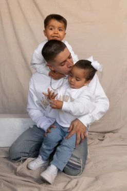 LOLAKID Daddy's Motivation Varsity Kids Crewneck Sweatshirt - White