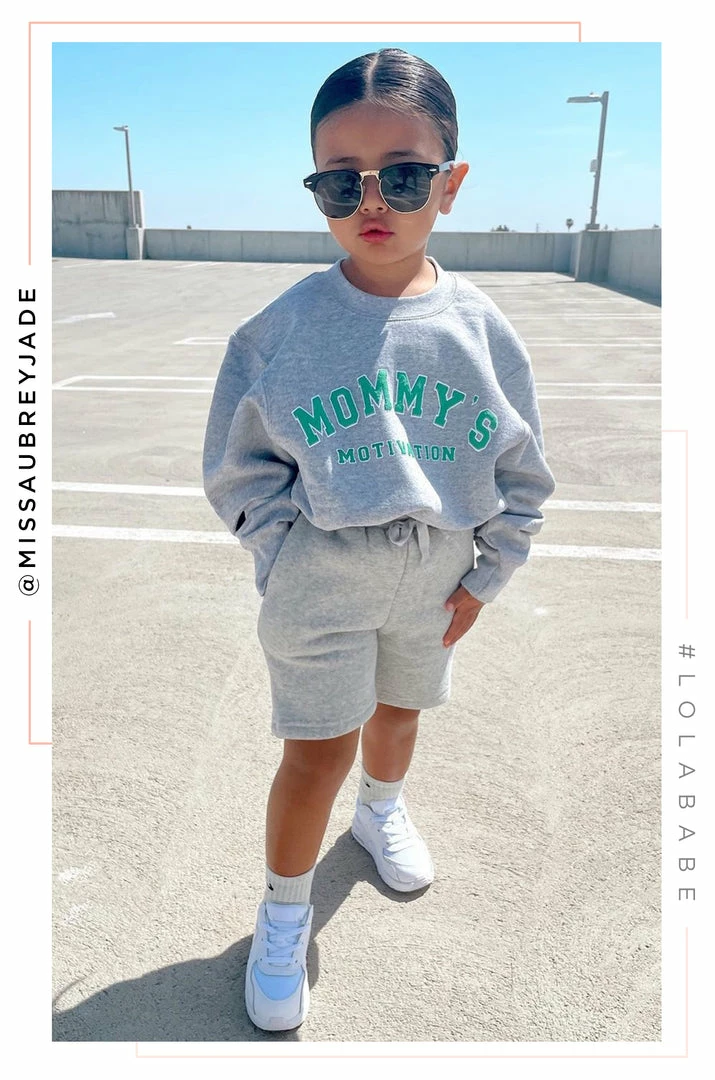 LOLAKID Loungewear Mommy's Motivation Varsity Kids Crewneck Sweatshirt - Grey