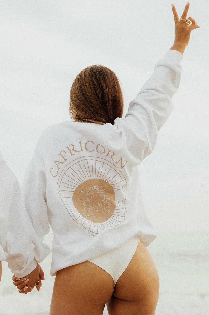 MSLOLA Capricorn Zodiac Crewneck Sweatshirt - White Sweaters